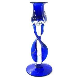 Vintage Turkish Cobalt Blue Art Glass Candlestick Holder Twisted Stem 8.5”
